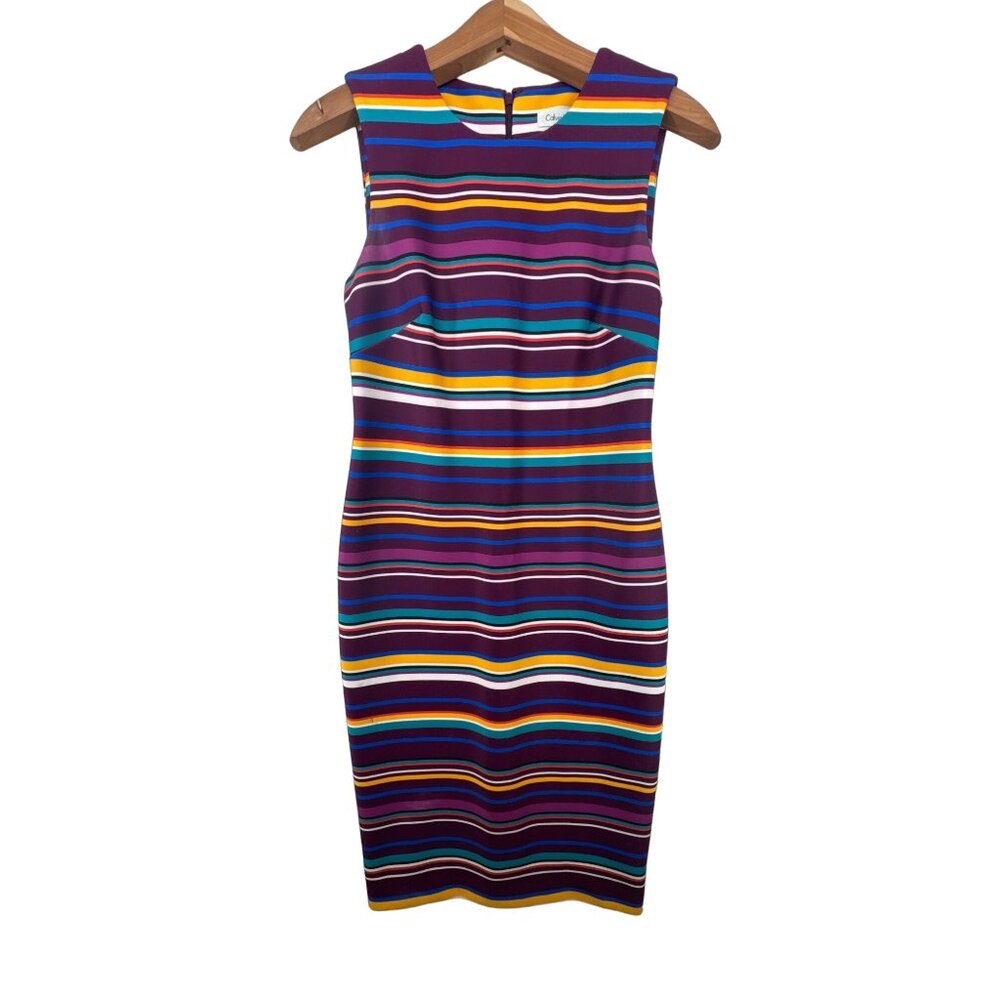 Calvin Klein Dress Sz 4 Plum Striped Scuba Knit BodyCon Sleeveless City Modern